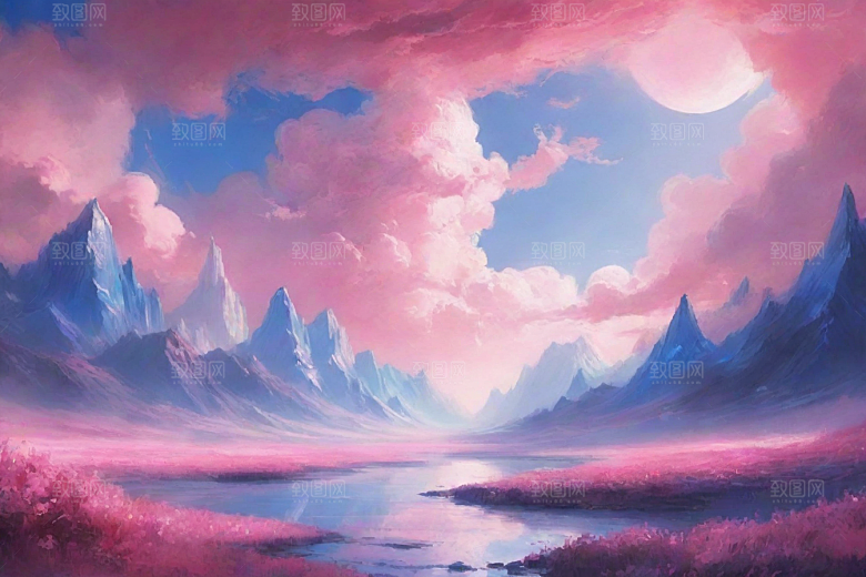 多山地平线的湖泊风景