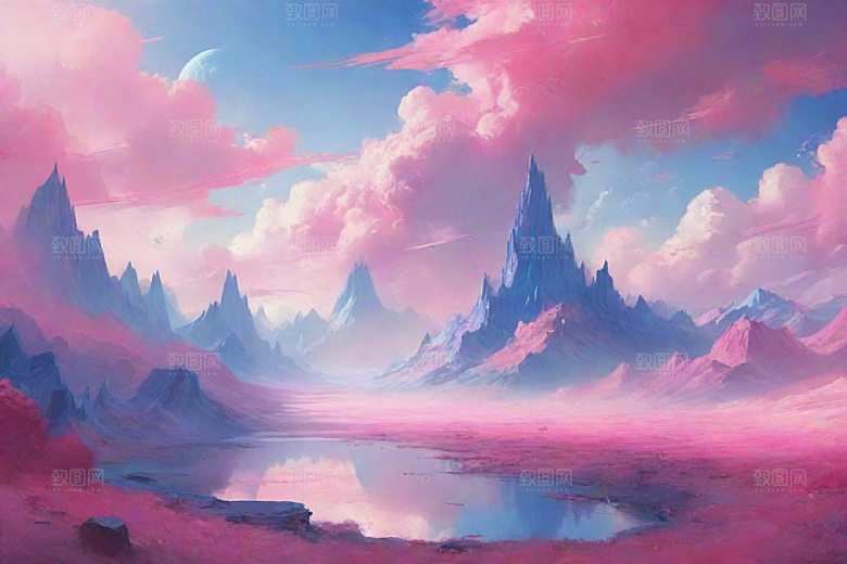多山地平线的湖泊风景