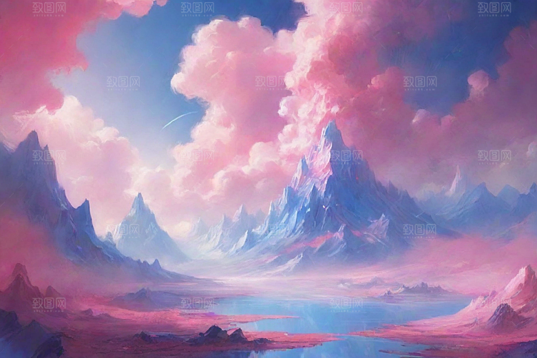 多山地平线的湖泊风景
