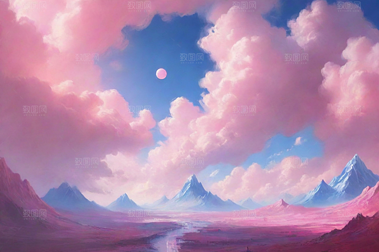 粉色云朵的户外景观