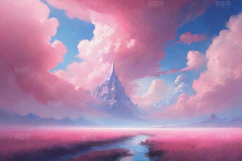 粉色云朵的户外景观