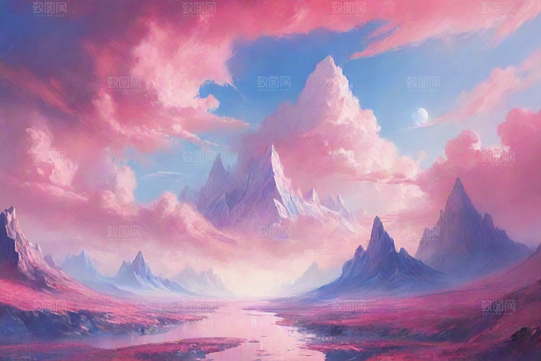 粉色云朵的户外景观