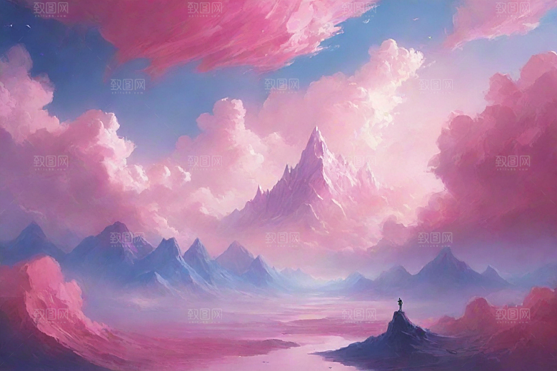 粉色云彩的山蜂风景