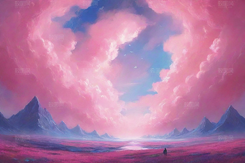 粉色云彩的山蜂风景