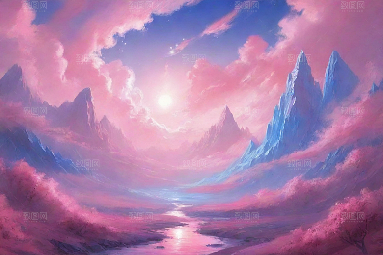 粉色云彩的山蜂风景