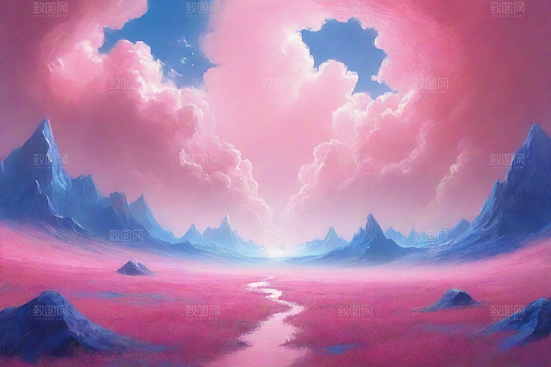粉色云彩的山蜂风景