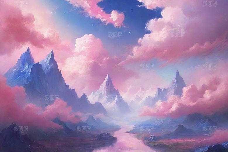 粉色云彩的山蜂风景