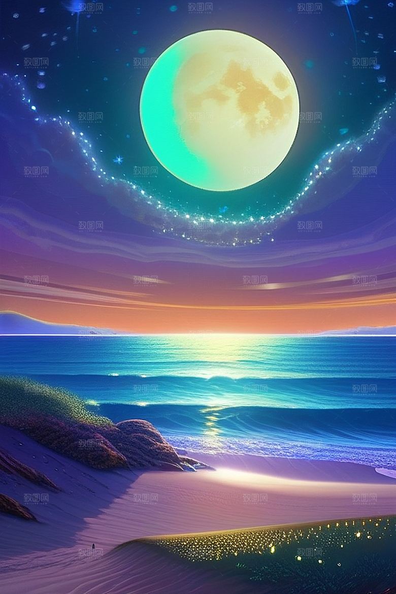 闪耀的金色爱之滩与夜空