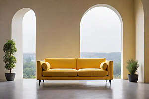 黄色沙发与中心视角下的大窗户