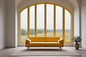 大窗户透射的极简黄色沙发