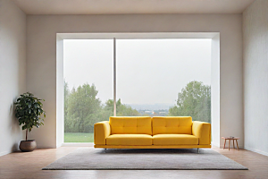大窗户透射的极简黄色沙发