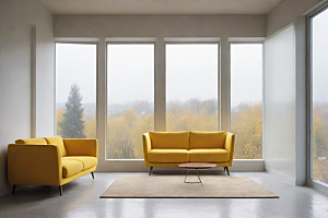 极简风格下的黄色沙发与大窗户