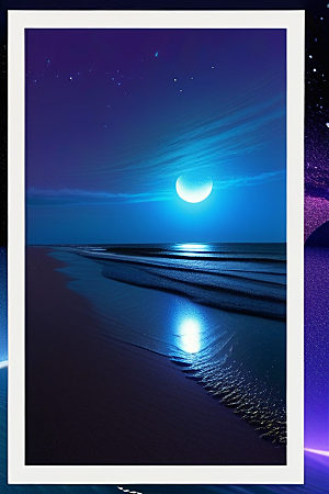 月亮下的星海与海洋荧光绘画