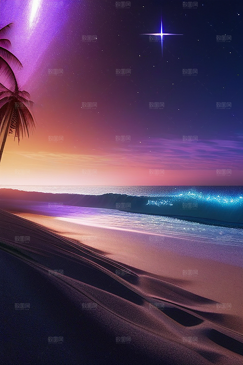 月亮下的星海与海洋荧光绘画