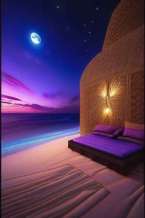月亮下的星海与海洋荧光绘画
