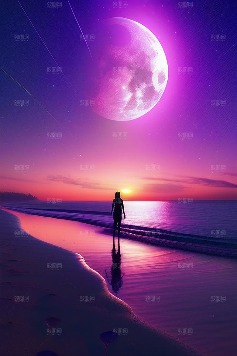月亮下的星海与海洋荧光绘画