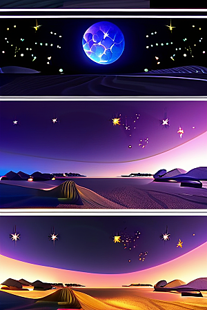 月亮下的星海与海洋荧光绘画