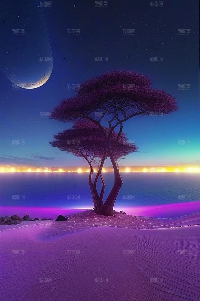 月亮下的星海与海洋荧光绘画