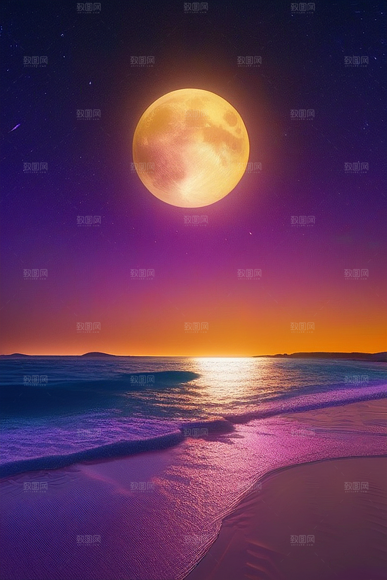 月亮下的星海与海洋荧光绘画