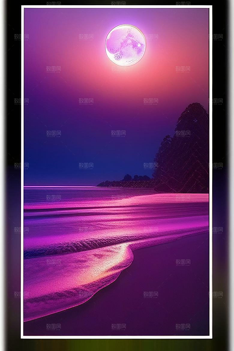 月亮下的星海与海洋荧光绘画