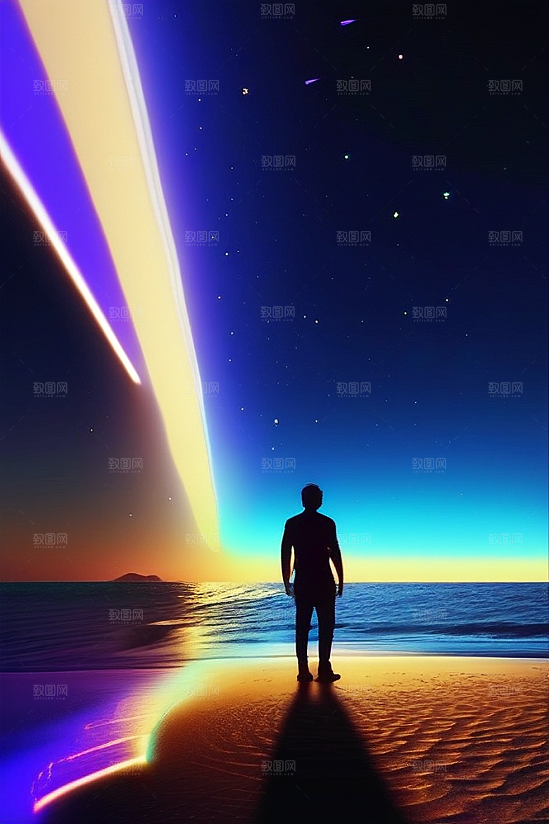 月亮下的星海与海洋荧光绘画
