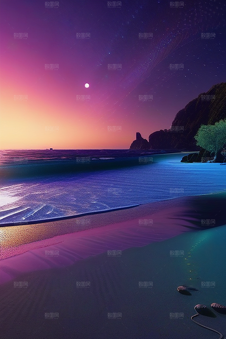 月亮下的星海与海洋荧光绘画