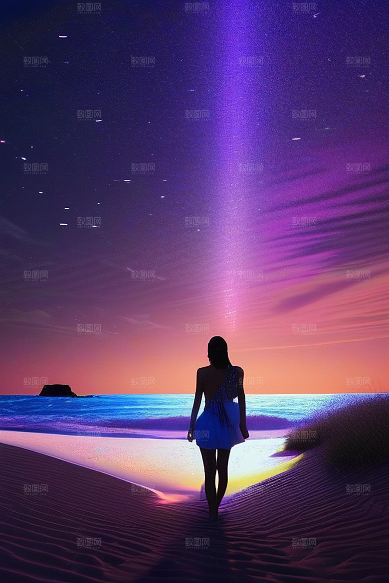 月亮下的星海与海洋荧光绘画