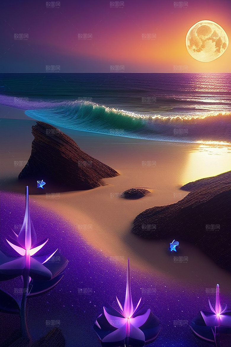 月亮下的星海与海洋荧光绘画