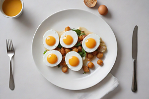白色盘子上的两个煎蛋与旁边的小菜
