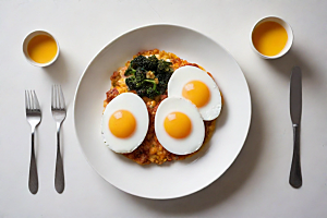 白色盘子上的两个煎蛋与旁边的小菜