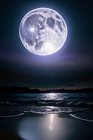 夜空中的紫蓝荧光与月亮