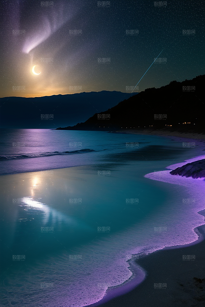 夜空中的紫蓝荧光与月亮
