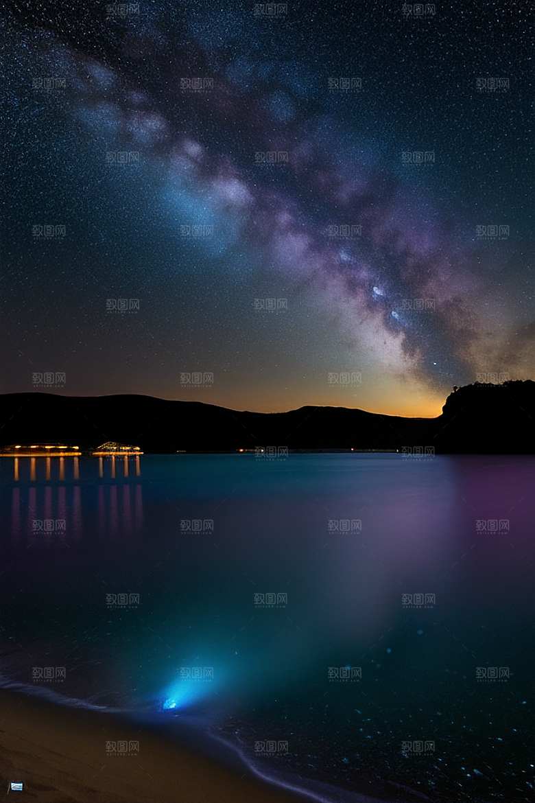 夜空中的紫蓝荧光与月亮