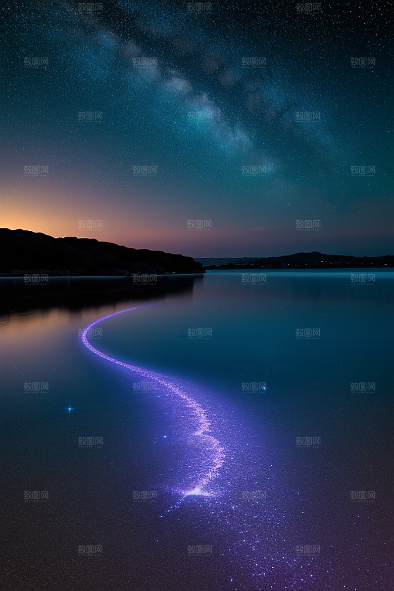 精灵荧光与闪烁星空的海滩