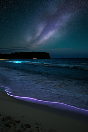 精灵荧光与闪烁星空的海滩