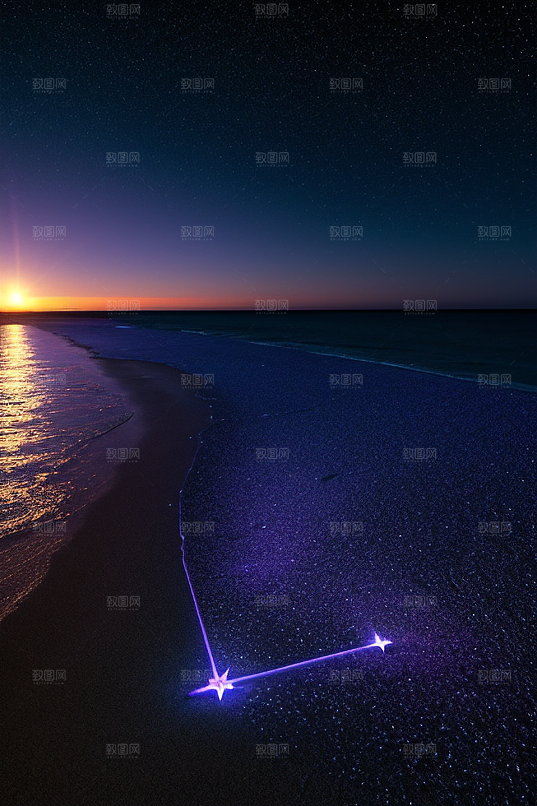 精灵荧光与闪烁星空的海滩
