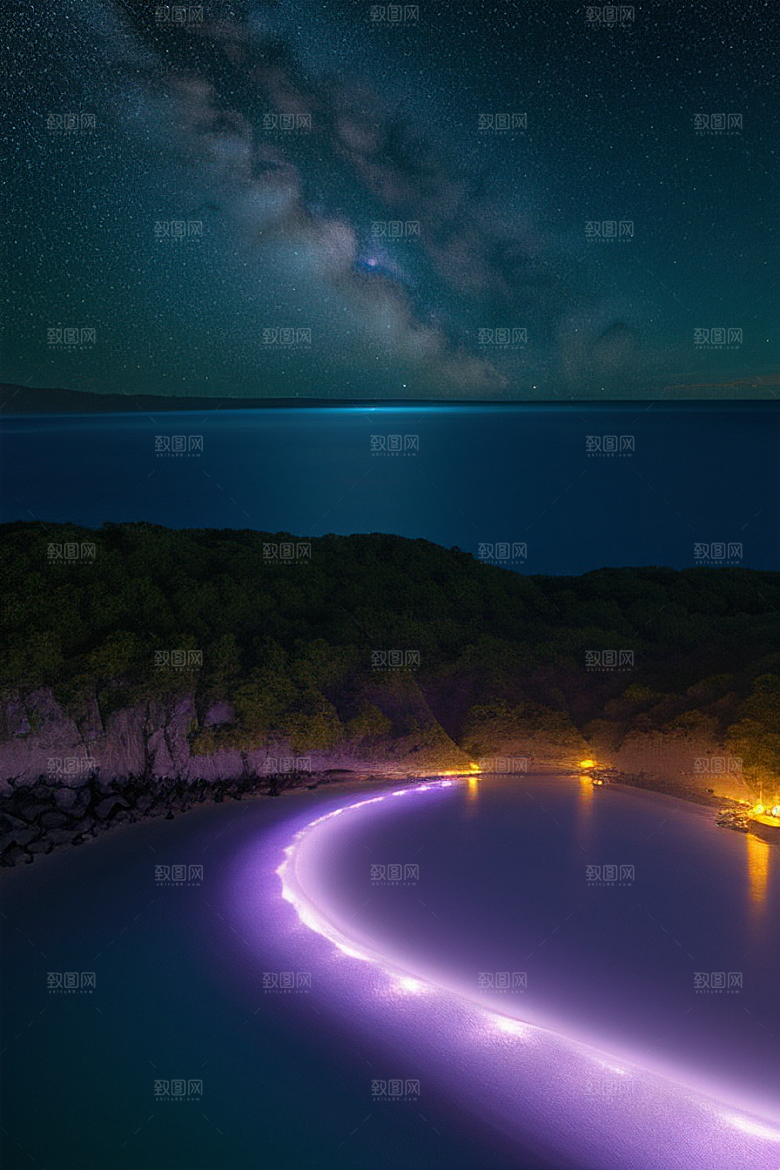 精灵荧光与闪烁星空的海滩