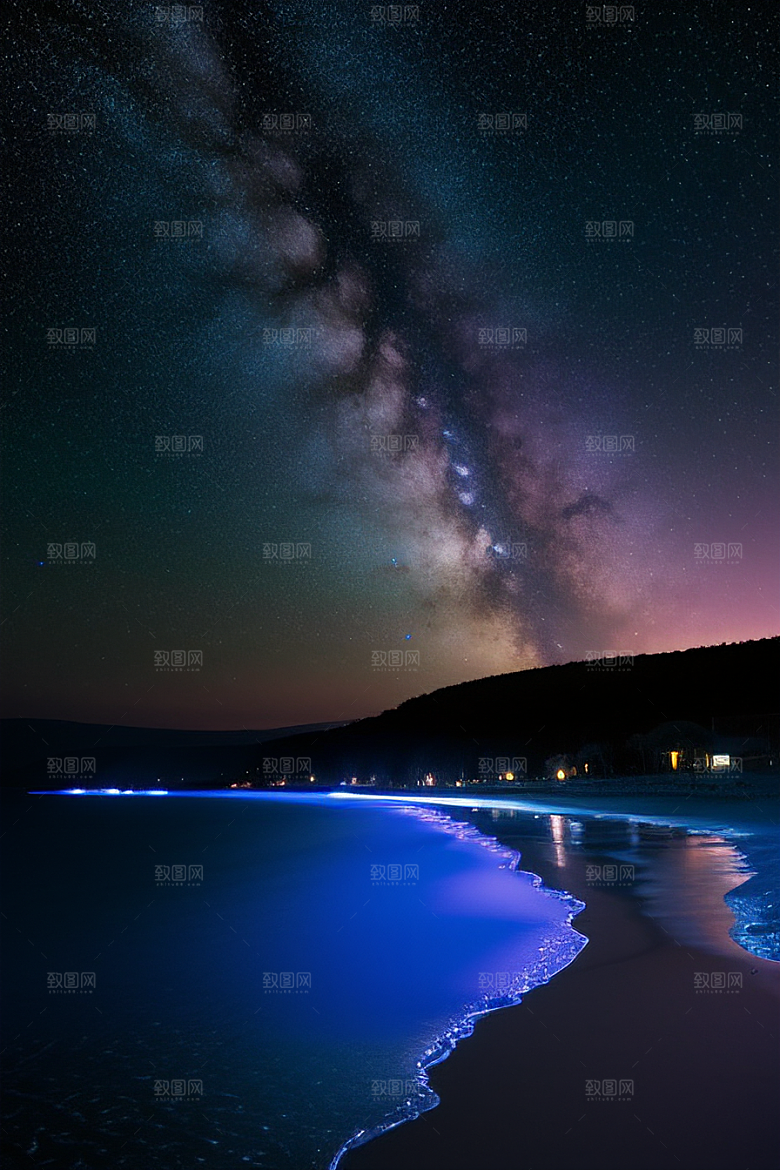 精灵荧光与闪烁星空的海滩