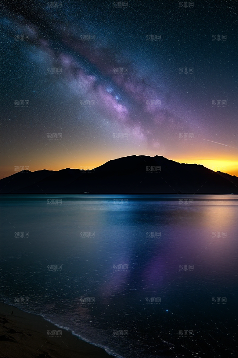 精灵荧光与闪烁星空的海滩