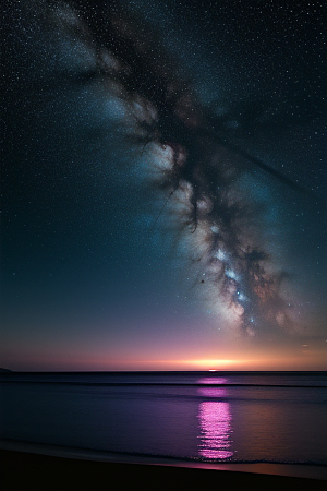 月亮下的星海与海洋荧光绘画
