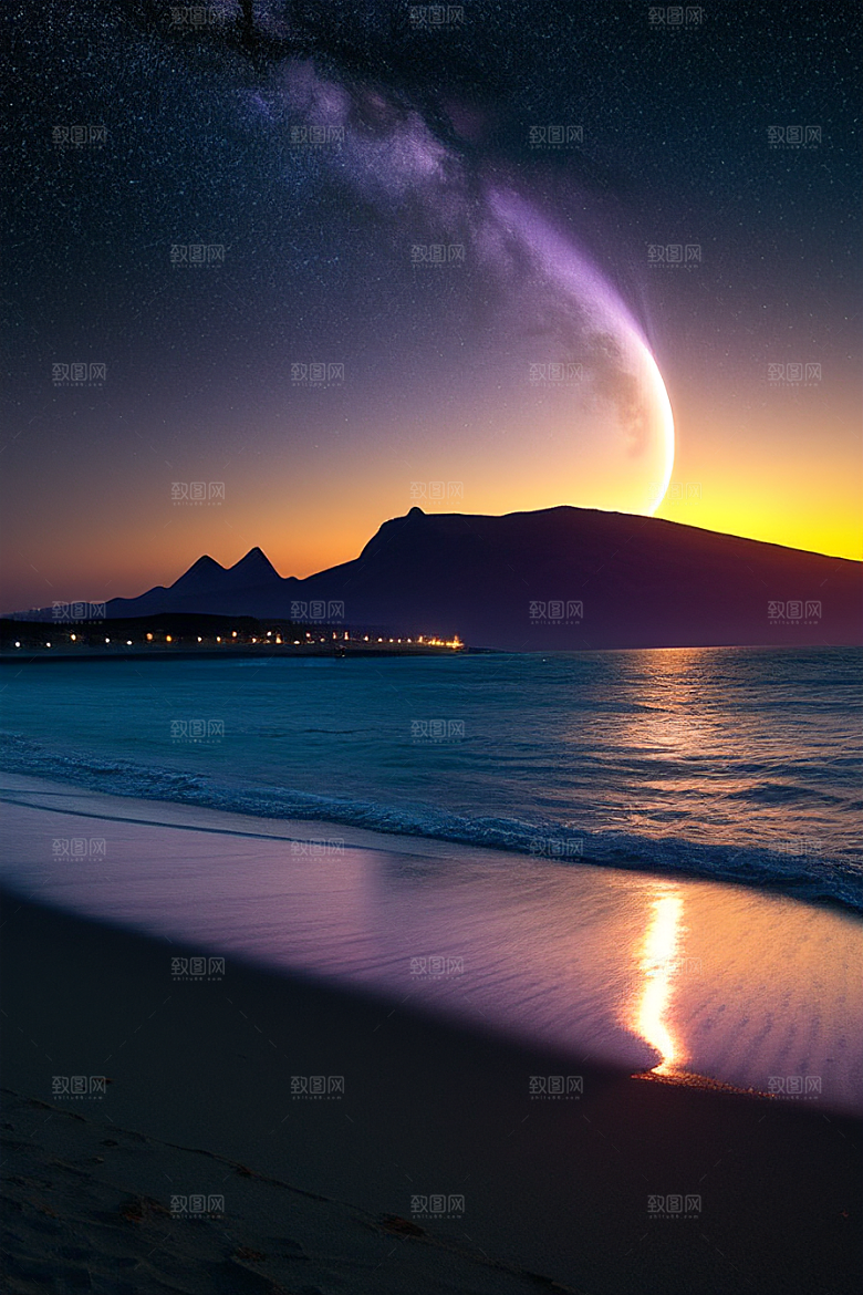 月亮下的星海与海洋荧光绘画