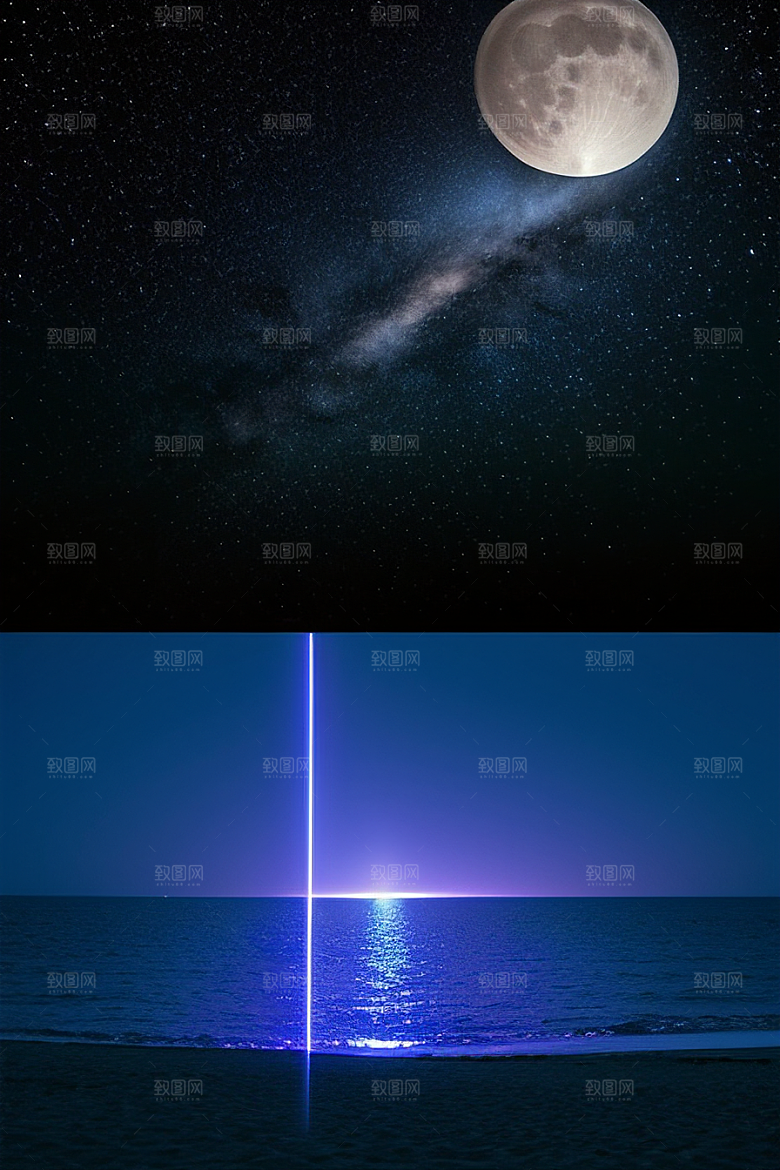 月亮下的星海与海洋荧光绘画