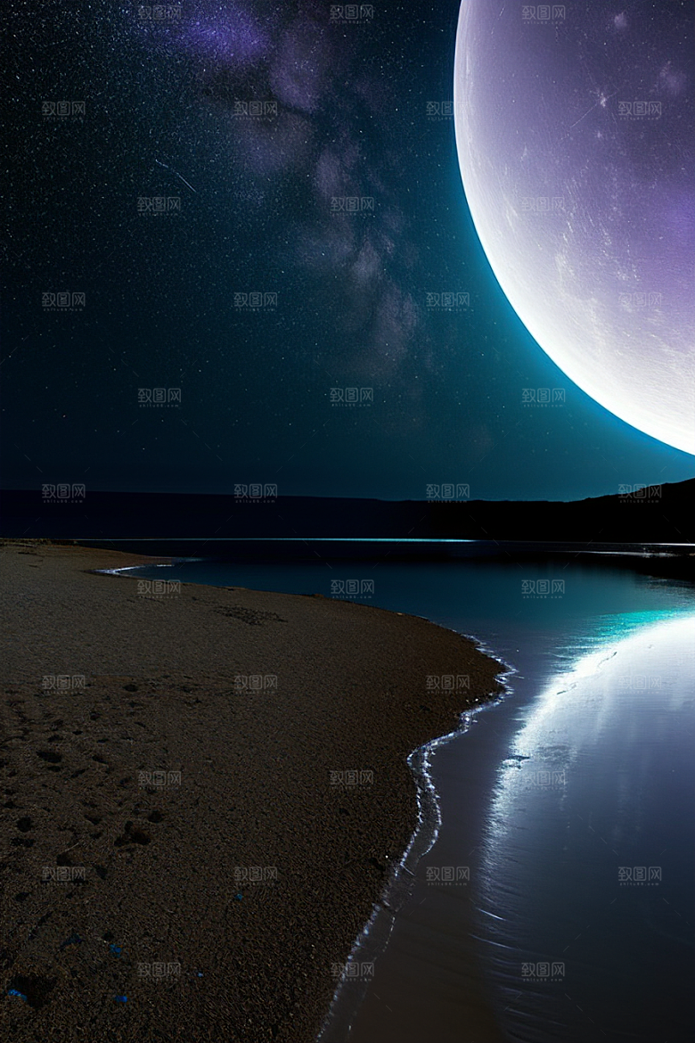 月亮下的星海与海洋荧光绘画