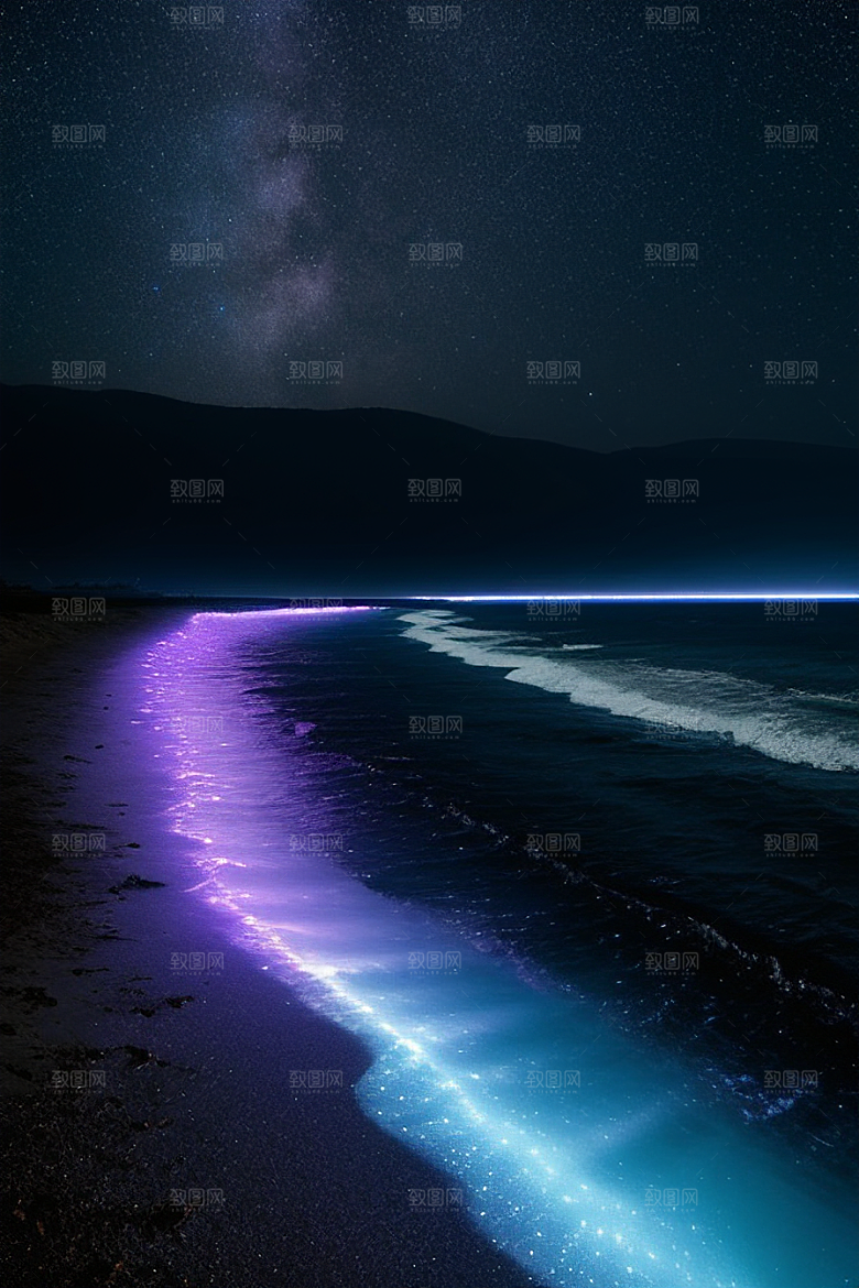 月亮下的星海与海洋荧光绘画