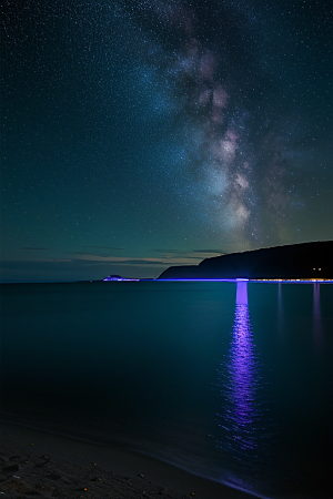 月亮下的星海与海洋荧光绘画