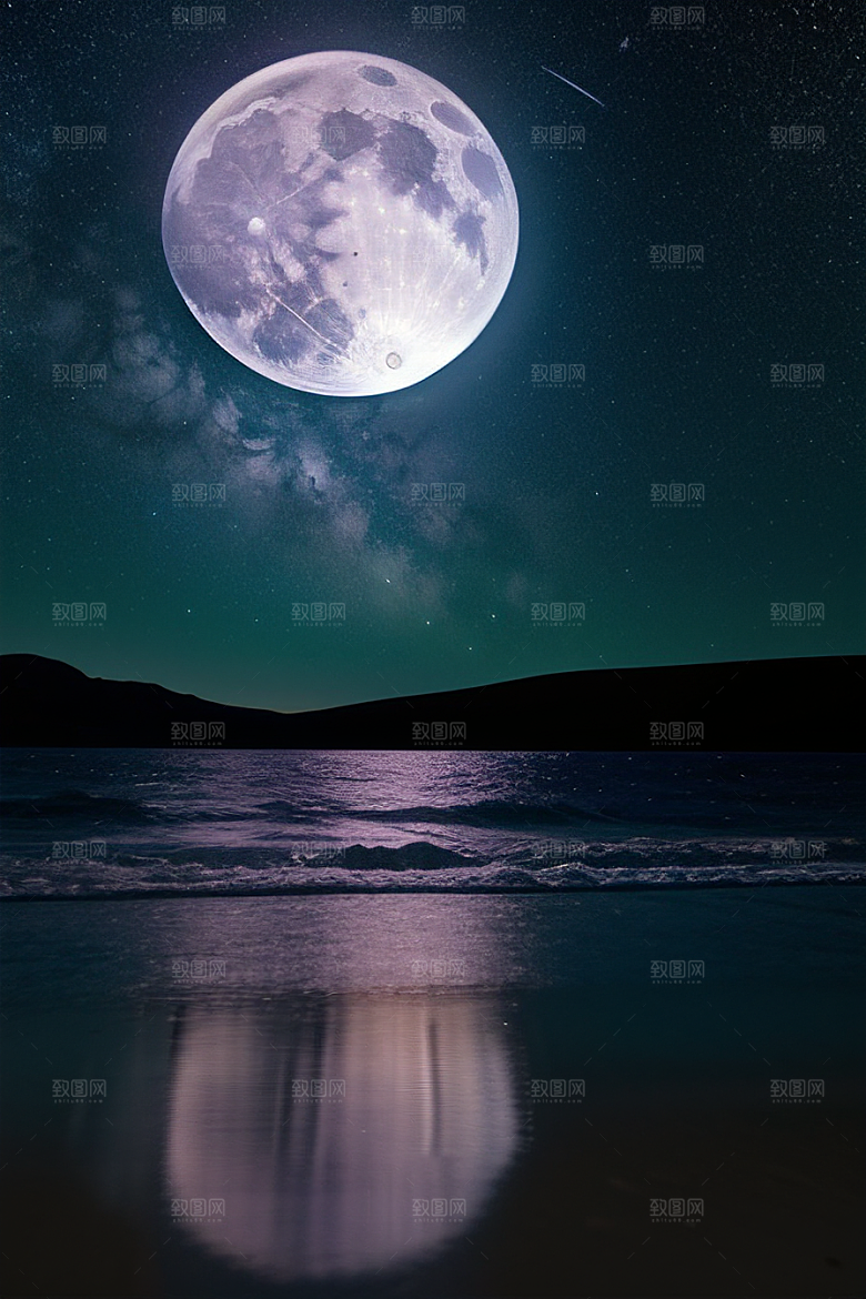 月亮下的星海与海洋荧光绘画