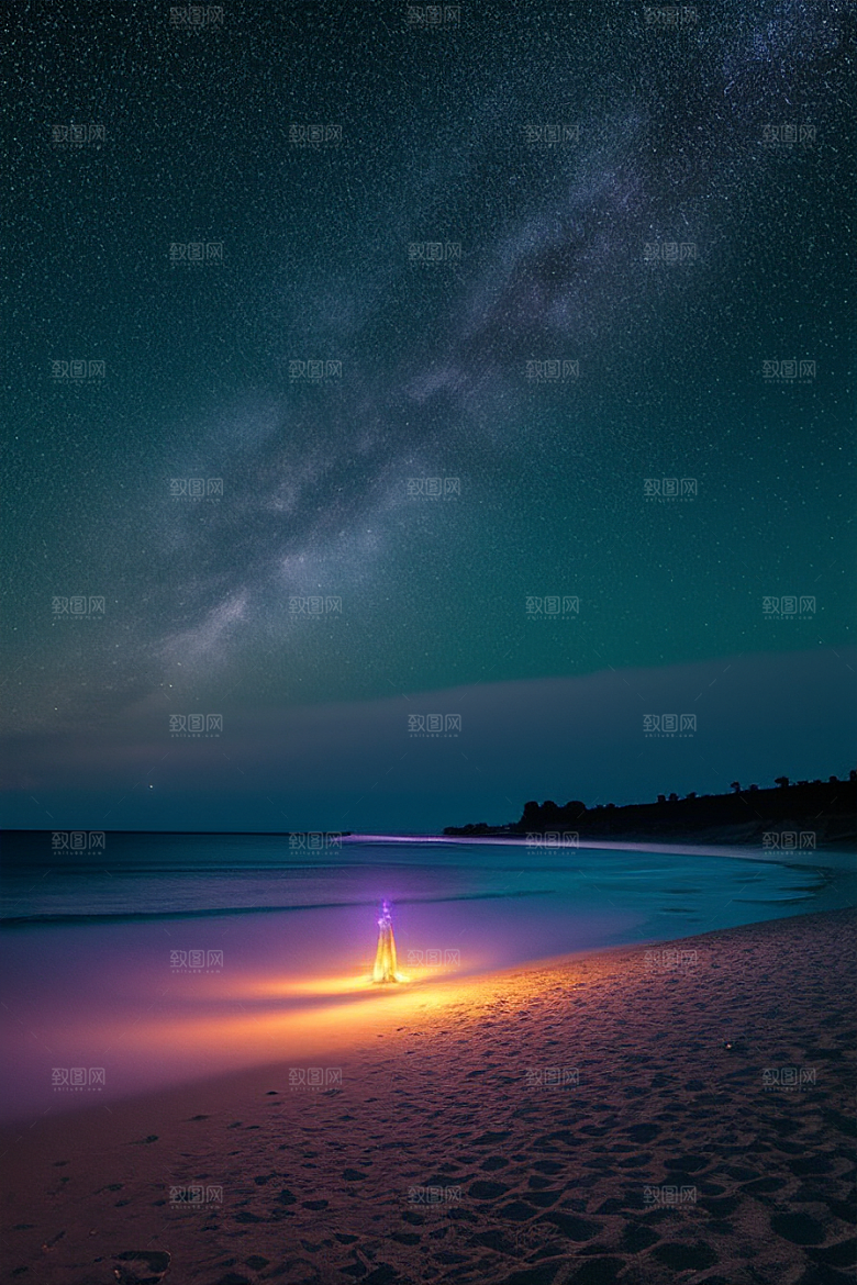 夜空中的紫蓝荧光与月亮