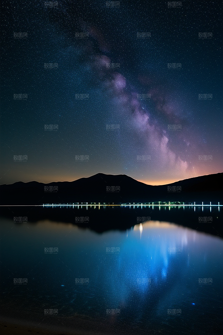 夜空中的紫蓝荧光与月亮