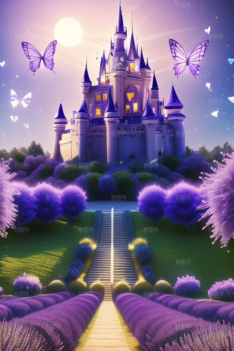清澈天空下的童话城堡与透明的蝴蝶翩跹
