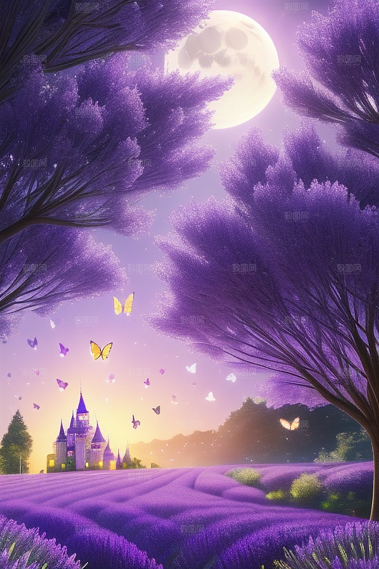 清澈天空下的童话城堡与透明的蝴蝶翩跹